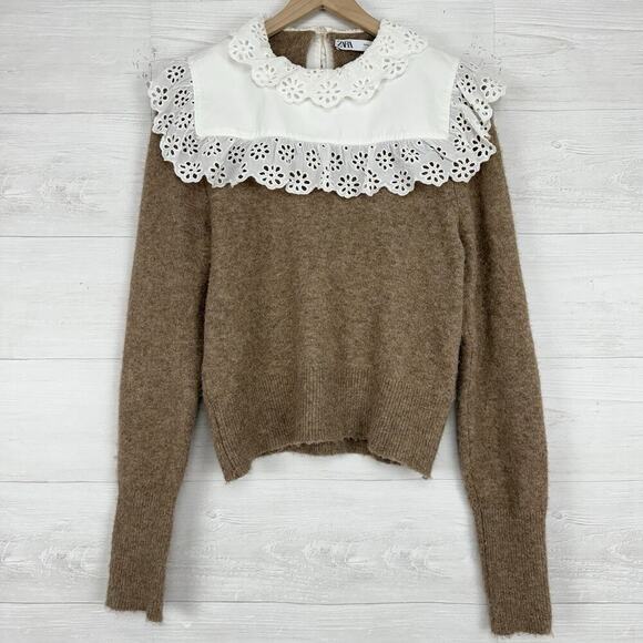 Zara Combination Sweater Eyelet Collar Size M Brown Wool Blend Cottage Coquette - Picture 1 of 16